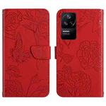 For Xiaomi Poco F4 5G Skin Feel Butterfly Peony Embossed Leather Phone Case(Red)