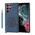 For Samsung Galaxy S22 Ultra Mandala Embossed PU + TPU Phone Case with Holder(Blue)