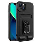 For iPhone 13 mini Ring Kickstand Card Wallet TPU Phone Case (Black)