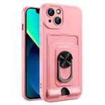 For iPhone 13 Ring Kickstand Card Wallet TPU Phone Case(Pink)