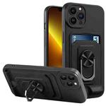 For iPhone 13 Pro Ring Kickstand Card Wallet TPU Phone Case (Black)