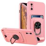 For iPhone XR Ring Kickstand Card Wallet TPU Phone Case(Pink)