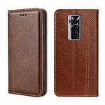 For Tecno Phantom X Grid Texture Magnetic Flip Leather Phone Case(Brown)