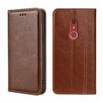 For Fujitsu Arrow Be4 Plus F-41B Grid Texture Magnetic Flip Leather Phone Case(Brown)
