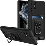 For Samsung Galaxy S22 Ultra 5G Ring Kickstand Card Wallet TPU Phone Case(Black)