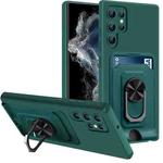 For Samsung Galaxy S22 Ultra 5G Ring Kickstand Card Wallet TPU Phone Case(Night Green)