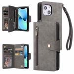 For iPhone 13 Rivet Buckle 9 Cards Three Fold Leather Phone Case(Grey)