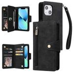 For iPhone 13 Rivet Buckle 9 Cards Three Fold Leather Phone Case(Black)
