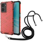 For OPPO A57 4G Global Lanyard Honeycomb Phone Case(Red)