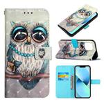 For iPhone 14 3D Painting Horizontal Flip Leather Phone Case (Grey Owl)