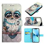 For iPhone 14 Plus 3D Painting Horizontal Flip Leather Phone Case (Grey Owl)