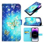 For iPhone 14 Pro Max 3D Painting Horizontal Flip Leather Phone Case (Golden Butterfly)