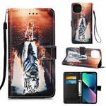For iPhone 14 Painted Flat Texture Leather Case with Lanyard & Card Slot & Wallet & Holder (Cat And Tiger)