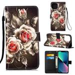 For iPhone 14 Painted Flat Texture Leather Case with Lanyard & Card Slot & Wallet & Holder (Roses On Black)