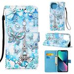 For iPhone 14 Plus Painted Flat Texture Leather Case with Lanyard & Card Slot & Wallet & Holder (Tower Butterfly)