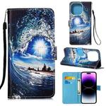 For iPhone 14 Pro Painted Flat Texture Leather Case with Lanyard & Card Slot & Wallet & Holder(Waves Sun)