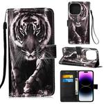 For iPhone 14 Pro Painted Flat Texture Leather Case with Lanyard & Card Slot & Wallet & Holder(Black White Tiger)