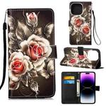 For iPhone 14 Pro Max Painted Flat Texture Leather Case with Lanyard & Card Slot & Wallet & Holder (Roses On Black)