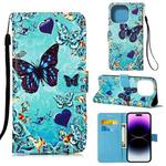 For iPhone 14 Pro Max Painted Flat Texture Leather Case with Lanyard & Card Slot & Wallet & Holder (Love Butterfly)