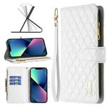 For iPhone 14 Diamond Lattice Zipper Wallet Leather Flip Phone Case (White)