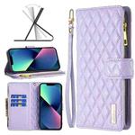 For iPhone 14 Diamond Lattice Zipper Wallet Leather Flip Phone Case (Purple)