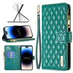 For iPhone 14 Pro Max Diamond Lattice Zipper Wallet Leather Flip Phone Case (Green)
