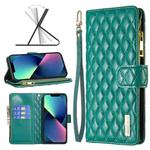 For iPhone 13 mini Diamond Lattice Zipper Wallet Leather Flip Phone Case (Green)