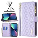 For iPhone 13 mini Diamond Lattice Zipper Wallet Leather Flip Phone Case (Purple)