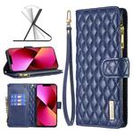 For iPhone 13 Diamond Lattice Zipper Wallet Leather Flip Phone Case(Blue)