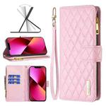 For iPhone 13 Diamond Lattice Zipper Wallet Leather Flip Phone Case(Pink)