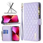 For iPhone 13 Diamond Lattice Zipper Wallet Leather Flip Phone Case(Purple)