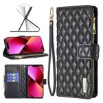 For iPhone 13 Diamond Lattice Zipper Wallet Leather Flip Phone Case(Black)