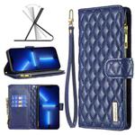 For iPhone 13 Pro Max Diamond Lattice Zipper Wallet Leather Flip Phone Case (Blue)