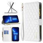 For iPhone 13 Pro Max Diamond Lattice Zipper Wallet Leather Flip Phone Case (White)