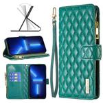 For iPhone 13 Pro Max Diamond Lattice Zipper Wallet Leather Flip Phone Case (Green)