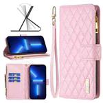 For iPhone 13 Pro Max Diamond Lattice Zipper Wallet Leather Flip Phone Case (Pink)