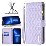 For iPhone 13 Pro Max Diamond Lattice Zipper Wallet Leather Flip Phone Case (Purple)