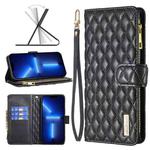 For iPhone 13 Pro Max Diamond Lattice Zipper Wallet Leather Flip Phone Case (Black)