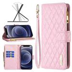 For iPhone 12 mini Diamond Lattice Zipper Wallet Leather Flip Phone Case (Pink)