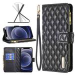 For iPhone 12 mini Diamond Lattice Zipper Wallet Leather Flip Phone Case (Black)