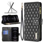 For iPhone 12 / 12 Pro Diamond Lattice Zipper Wallet Leather Flip Phone Case(Black)