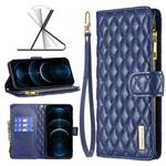 For iPhone 12 Pro Max Diamond Lattice Zipper Wallet Leather Flip Phone Case(Blue)