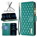 For iPhone 12 Pro Max Diamond Lattice Zipper Wallet Leather Flip Phone Case(Green)