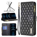 For iPhone 12 Pro Max Diamond Lattice Zipper Wallet Leather Flip Phone Case(Black)