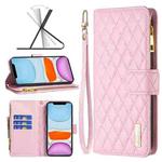 For iPhone 11 Diamond Lattice Zipper Wallet Leather Flip Phone Case (Pink)