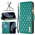 For iPhone 11 Pro Diamond Lattice Zipper Wallet Leather Flip Phone Case (Green)