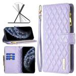 For iPhone 11 Pro Diamond Lattice Zipper Wallet Leather Flip Phone Case (Purple)