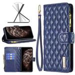 For iPhone 11 Pro Max Diamond Lattice Zipper Wallet Leather Flip Phone Case (Blue)