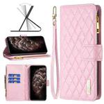 For iPhone 11 Pro Max Diamond Lattice Zipper Wallet Leather Flip Phone Case (Pink)