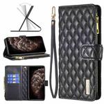 For iPhone 11 Pro Max Diamond Lattice Zipper Wallet Leather Flip Phone Case (Black)